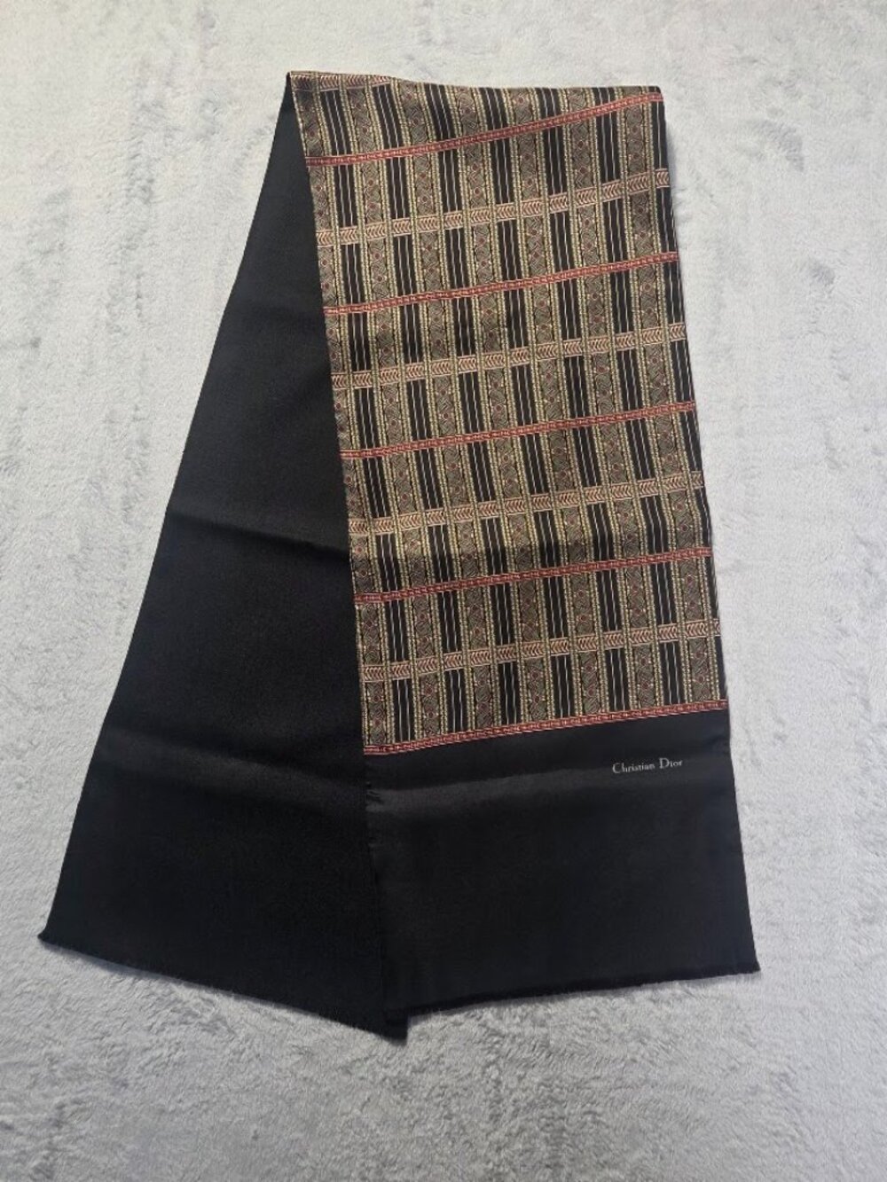 Christian Dior Vintage Mens Scarf 100% Silk Front 100%Wool Back Black Geometric